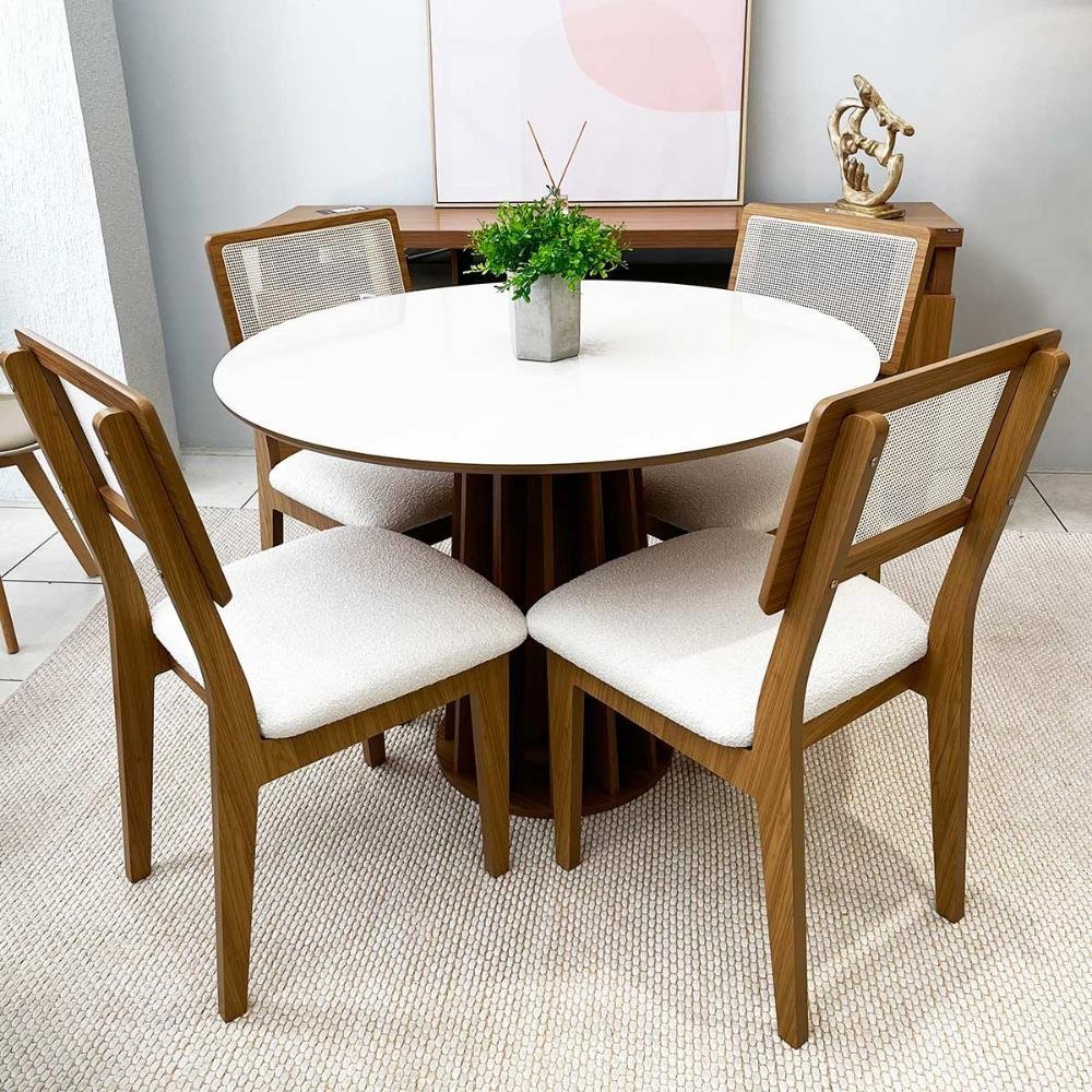 Conjunto de Jantar Mesa Redonda MDF 4 Cadeiras Tela Palha Freijó Off White Cesare Claro Dalla Costa