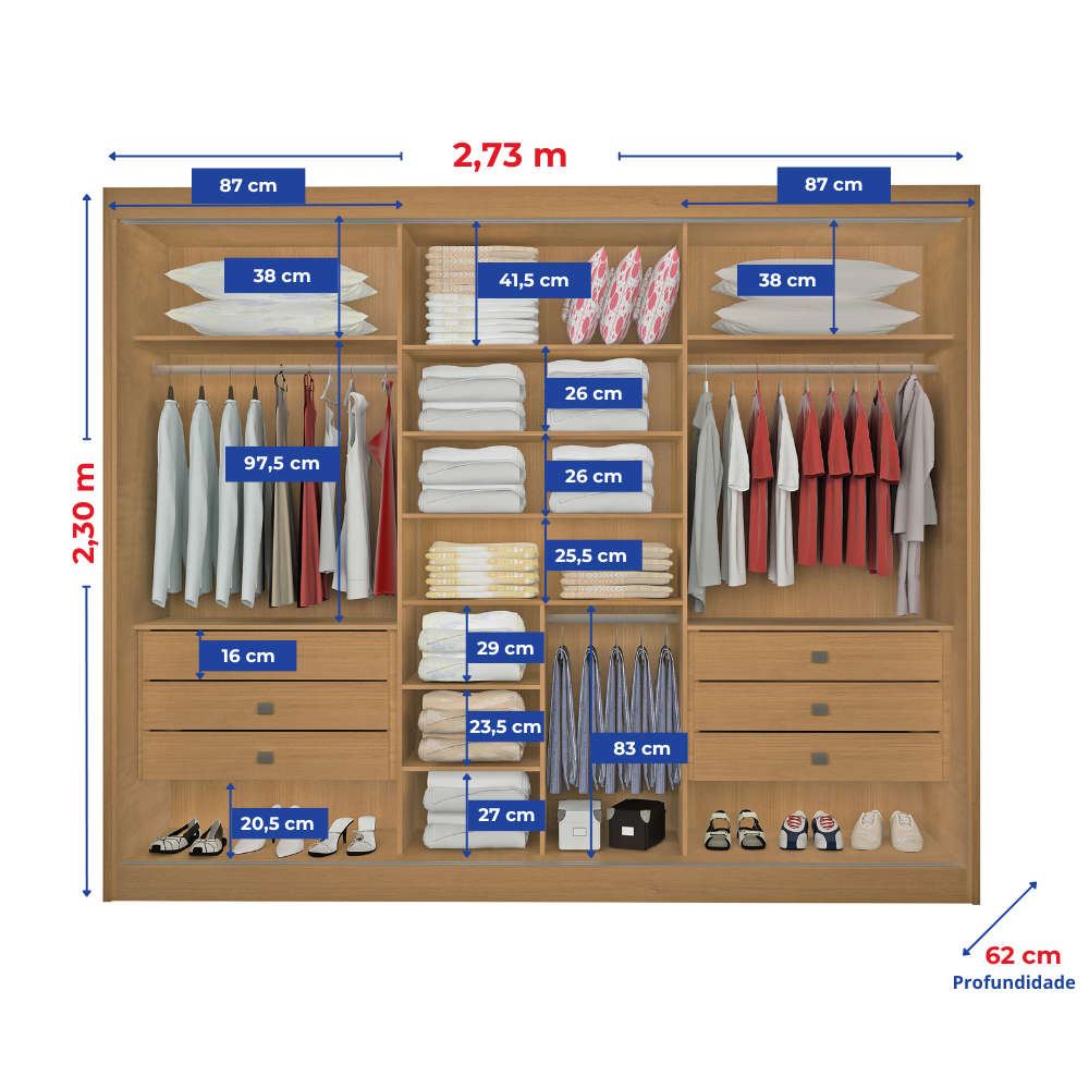 Guarda-Roupa Casal 3 Portas de Correr 6 Gavetas Miami D Doro 100% MDF Cinamomo/Off White