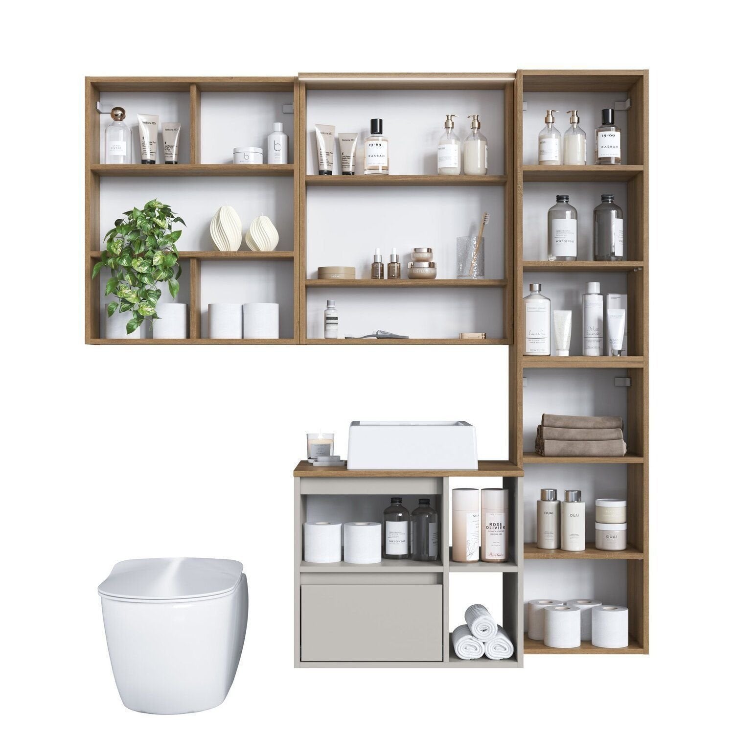 Conjunto para Banheiro Modulado 5 Peças com Iluminação LED e Cuba Yescasa 156cm Bege/Mel/Arenas