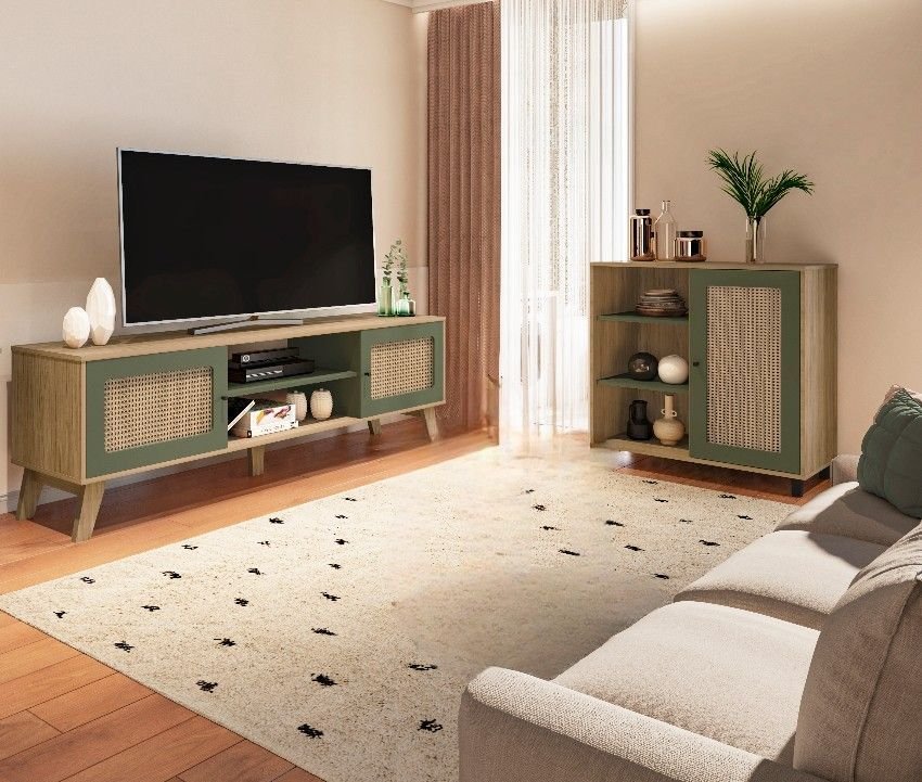 Conjunto Sala Charlotte Rack 4534 e Buffet 4535 Artely Carvalho/Menta