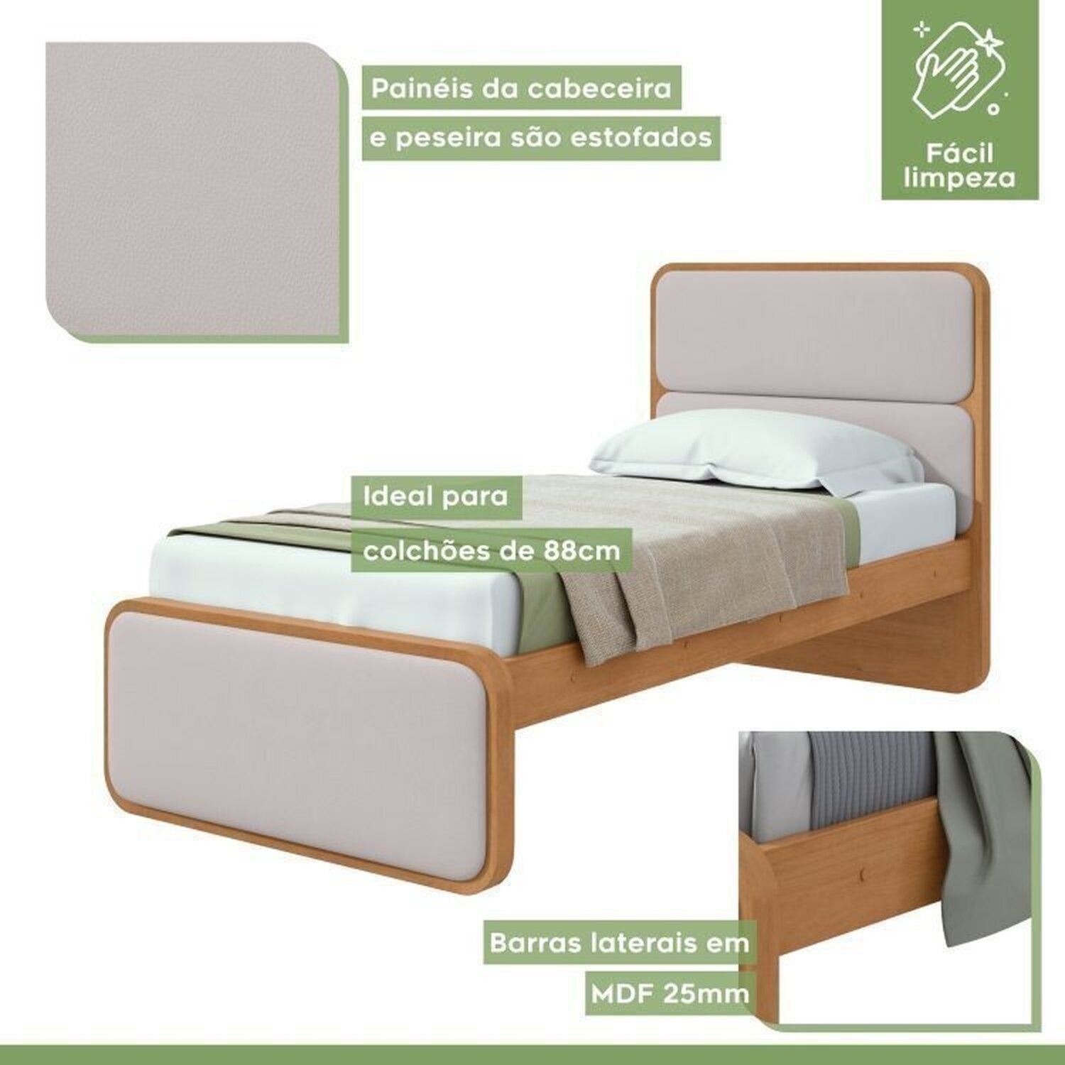 Kit 2 Camas de Solteiro Infantil com Cabeceira Estofada Corino Loop Móveis Lopas
