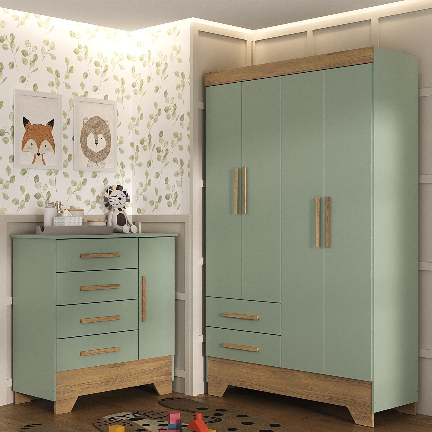 Quarto Infantil Completo Guarda-Roupa 4 Portas 2 Gavetas com Cômoda Liz Espresso Móveis