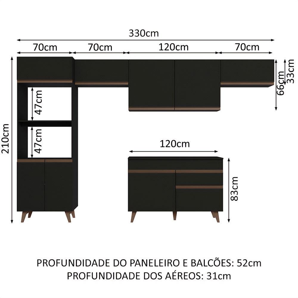 Armário de Cozinha Completa 330cm Preto Reims Madesa 01