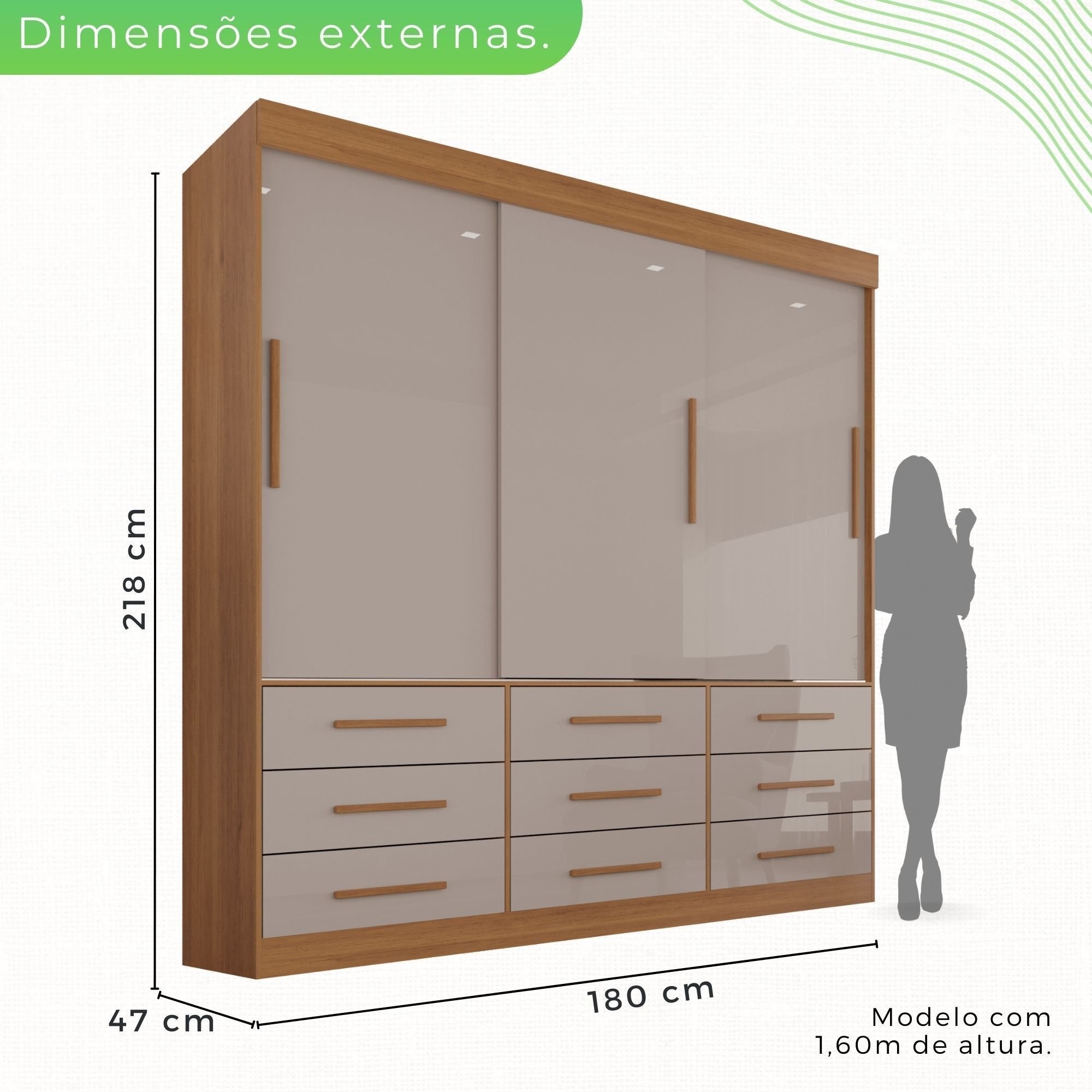 Guarda-Roupa Casal 3 Portas 9 Gavetas Luana Sallêto Móveis MDF/MDP Off White/Cinamomo