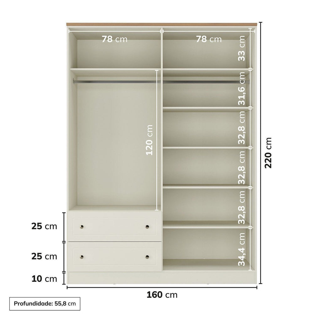 Guarda-Roupa Casal 4 Portas 2 Gavetas Ananda CabeCasa Bege/Offwhite