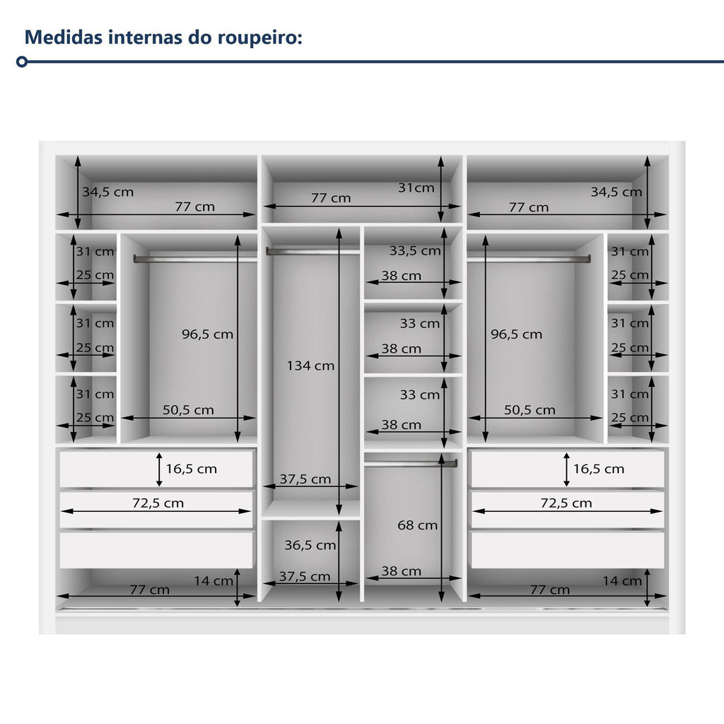 Guarda-Roupa Casal 3 Portas de Correr 6 Gavetas Liv Yescasa 100% MDP Branco