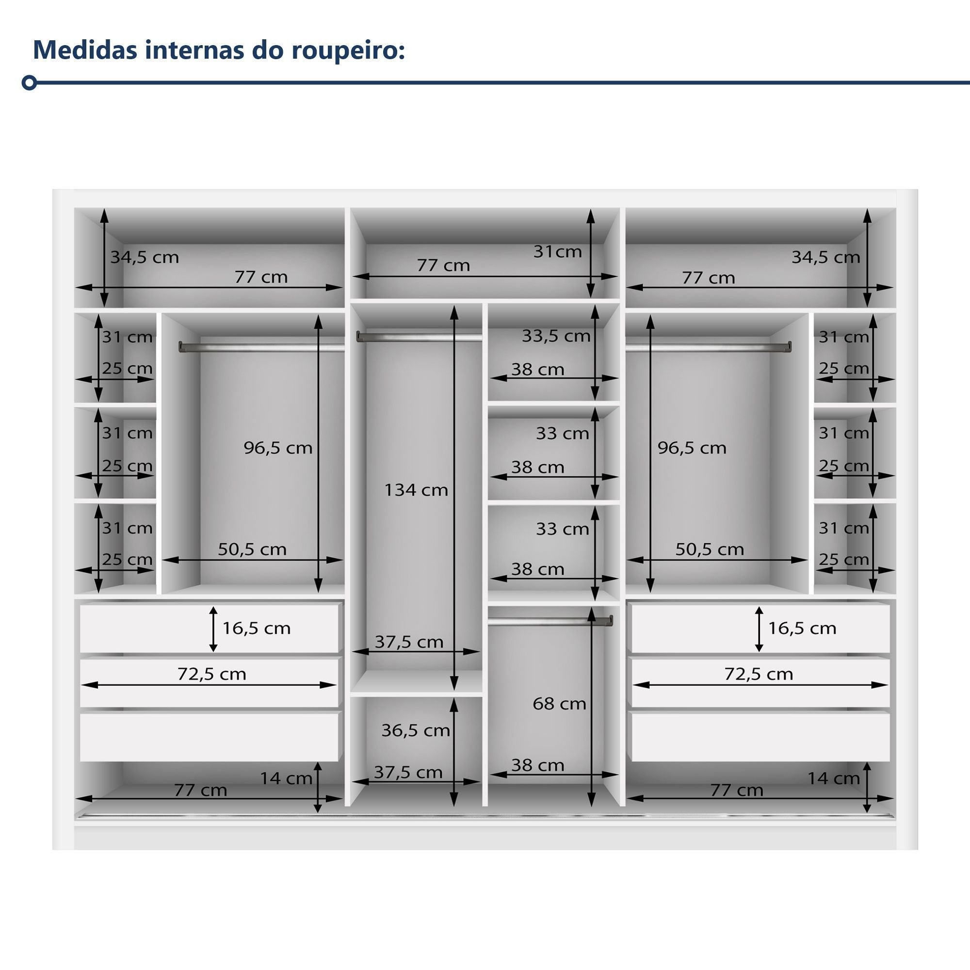 Guarda-Roupa Casal 3 Portas de Correr 6 Gavetas Liv Yescasa 100% MDP Branco