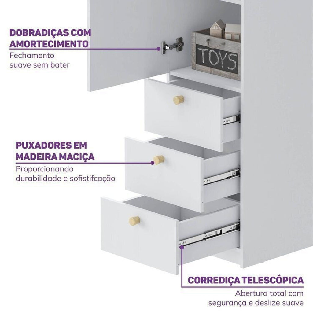 Conjunto Infantil Mesa e Cadeira Evolutiva, Prateleira e Guarda-Roupa Modulado Wave Casatema MadeiraOriginals Branco/Marrom