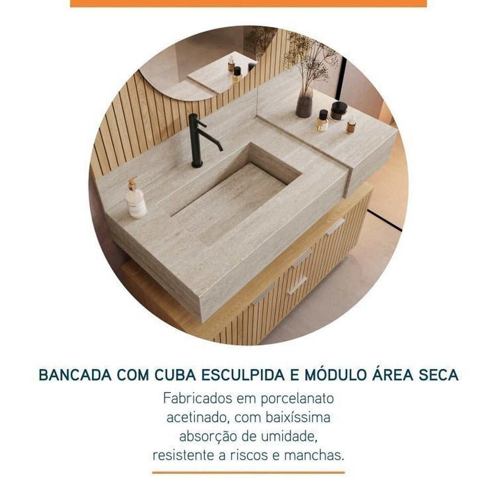 Conjunto para Banheiro Bumi Ripy 100cm Cuba Esculpida Armário e Espelho Amarelo/Wood