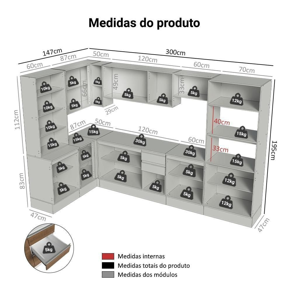 Armário de Cozinha Completo de Canto 100% MDF 447cm Smart Madesa Branco/Rustic/Crema