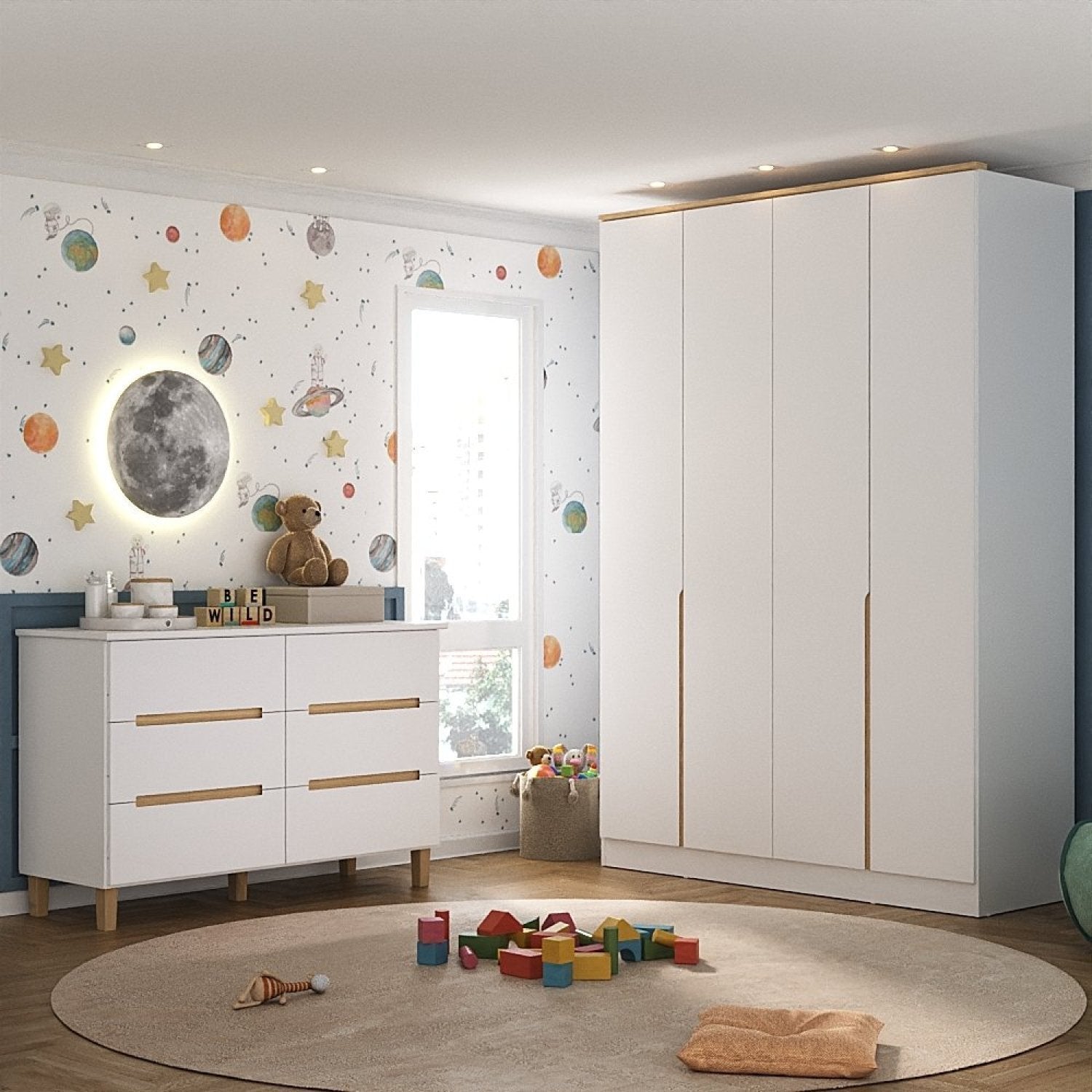 Quarto Infantil/Juvenil com Guarda-Roupa e Cômoda Sky Yescasa Branco/Olmo Italiano
