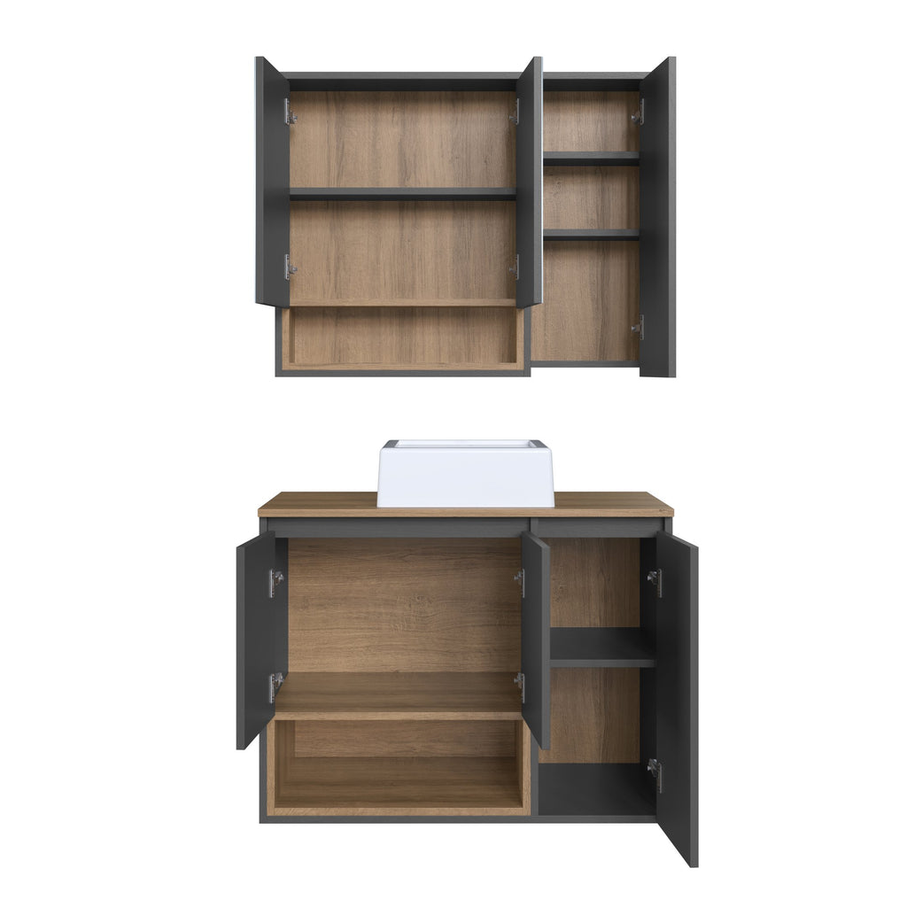 Conjunto para Banheiro Gabinete Suspenso com Cuba e Espelheira Cecília FAEMA 80cm Marrom/Mel/Grafite