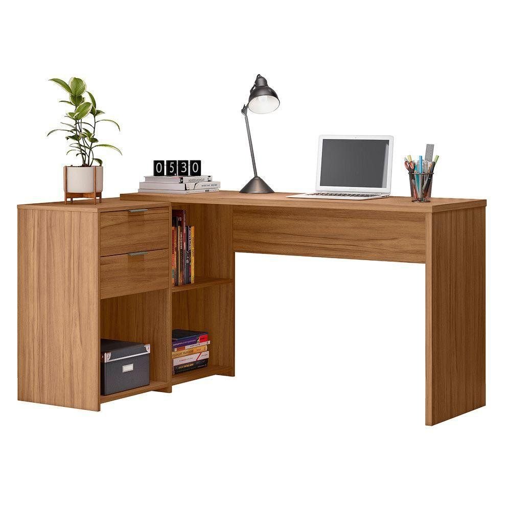 Escrivaninha Mesa Escritório em L Notável Office Tampo Giratório 2 Gavetas 3 Nichos 148,6cm Freijó Trend