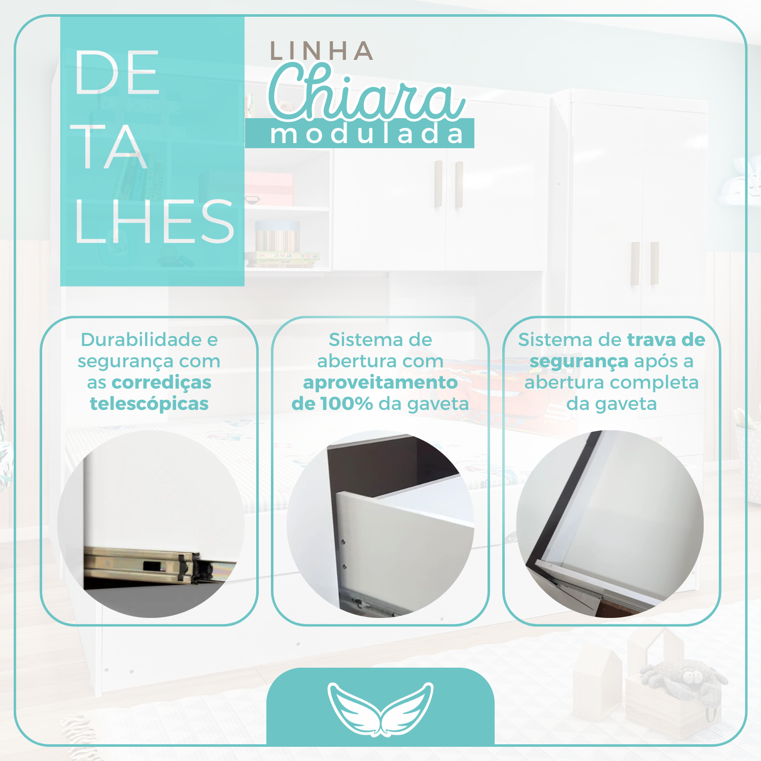 Quarto Completo Solteiro Juvenil 4 Peças com Guarda-Roupa e Bicama Modulado Chiara Phoenix Baby