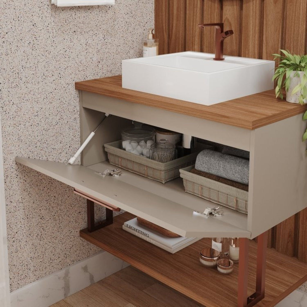 Gabinete Suspenso com Cuba, Painel Ripado e Espelheira 60cm Mari Espresso Móveis Bege/Cappuccino