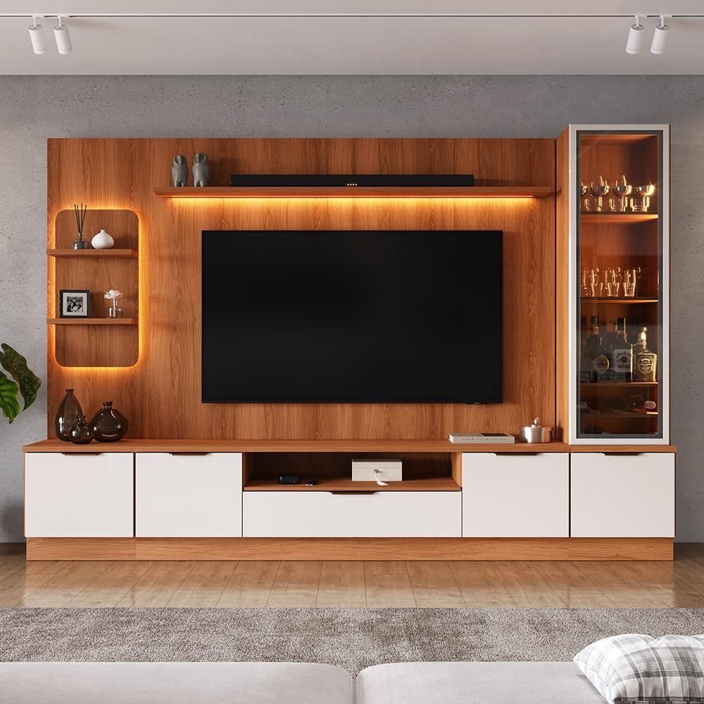 Estante Home Noble 270cm para TV até 75” com Cristaleira, Torre com LED e Portas Reflecta em MDP/MDF Movelove