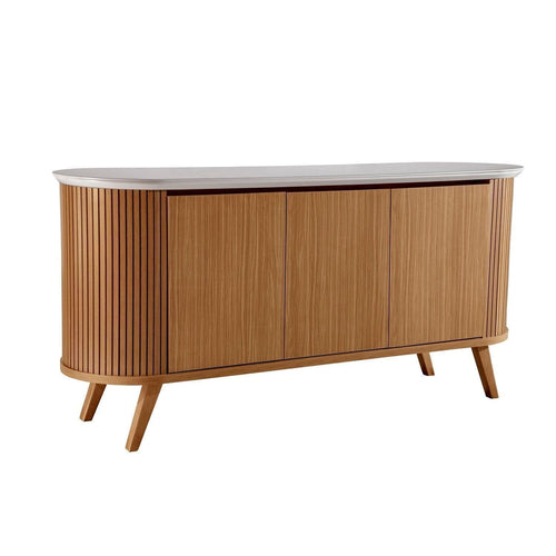 Buffet Aparador 3 Portas Ripado com Vidro e Pés Madeira Maciça 164cm Luna LJ Móveis Castanho Cinamomo/Off White