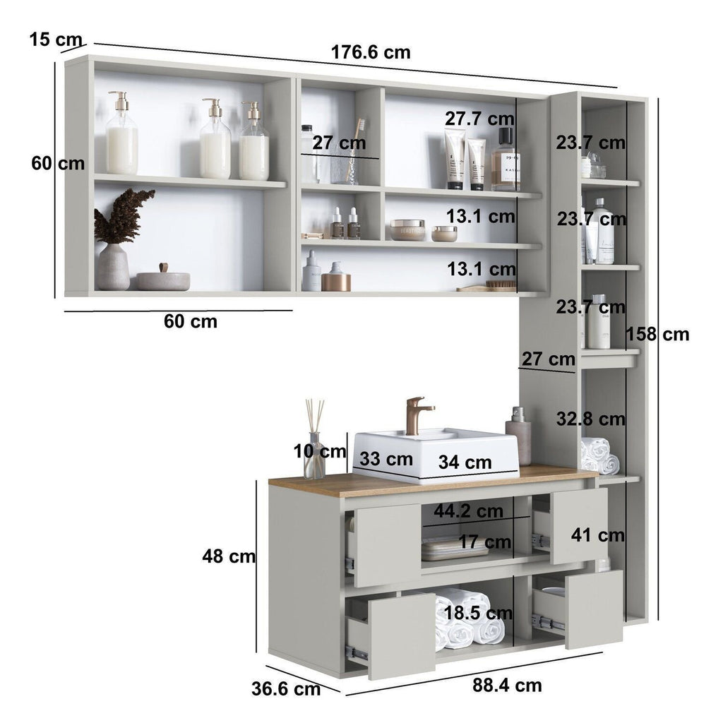 Conjunto para Banheiro Modulado 176cm 4 Peças Gabinete Suspenso com Cuba Berlin Art in Móveis Arenas