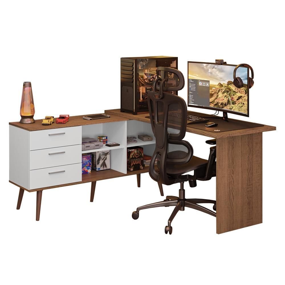 Escrivaninha em L Mesa Gamer 3 Gavetas Lisboa Madesa
