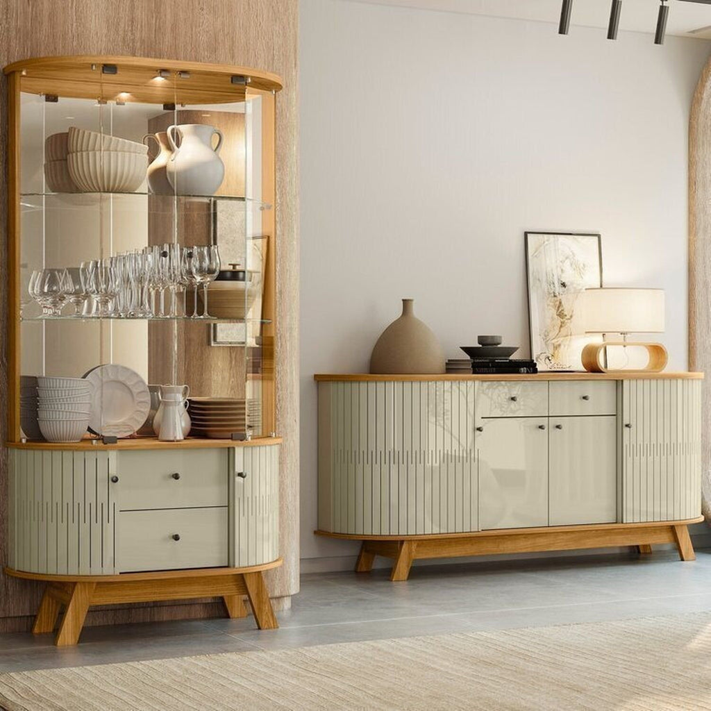 Conjunto Buffet Mônaco e Cristaleira Moss Porta Curva MDF LED Madetec