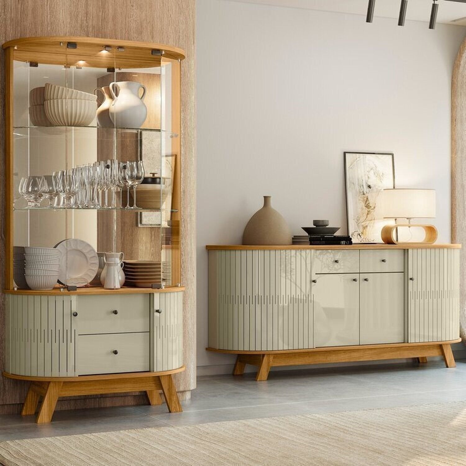 Conjunto Buffet Mônaco e Cristaleira Moss Porta Curva MDF LED Madetec