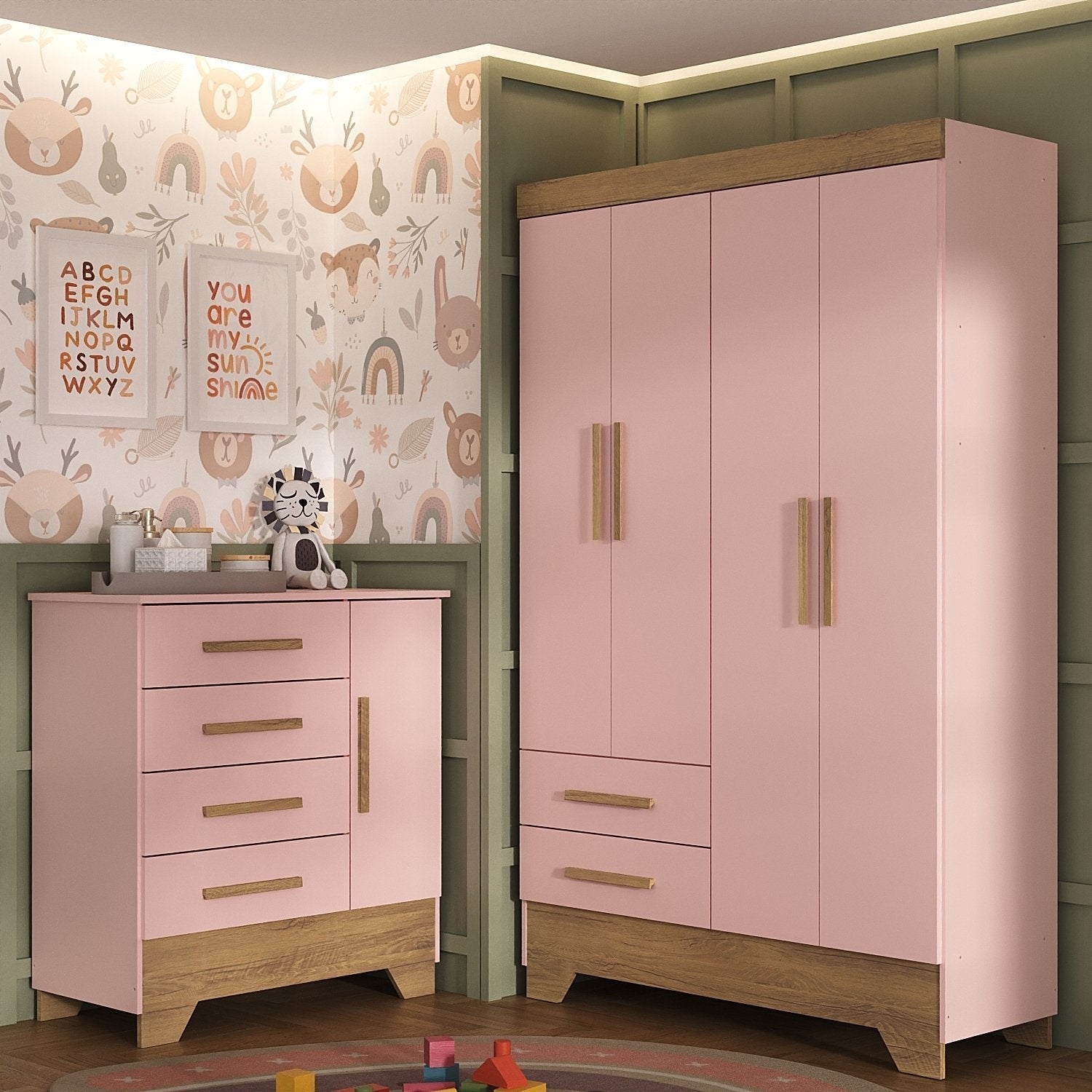 Quarto Infantil Completo Guarda-Roupa 4 Portas 2 Gavetas com Cômoda Liz Espresso Móveis