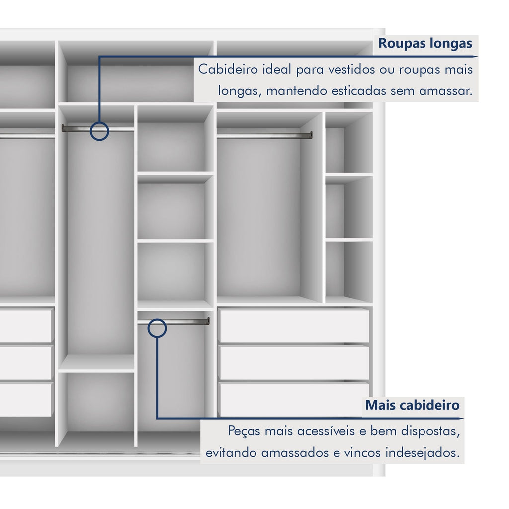 Guarda-Roupa Casal 3 Portas 6 Gavetas com Espelho Premium Lux Yescasa Branco
