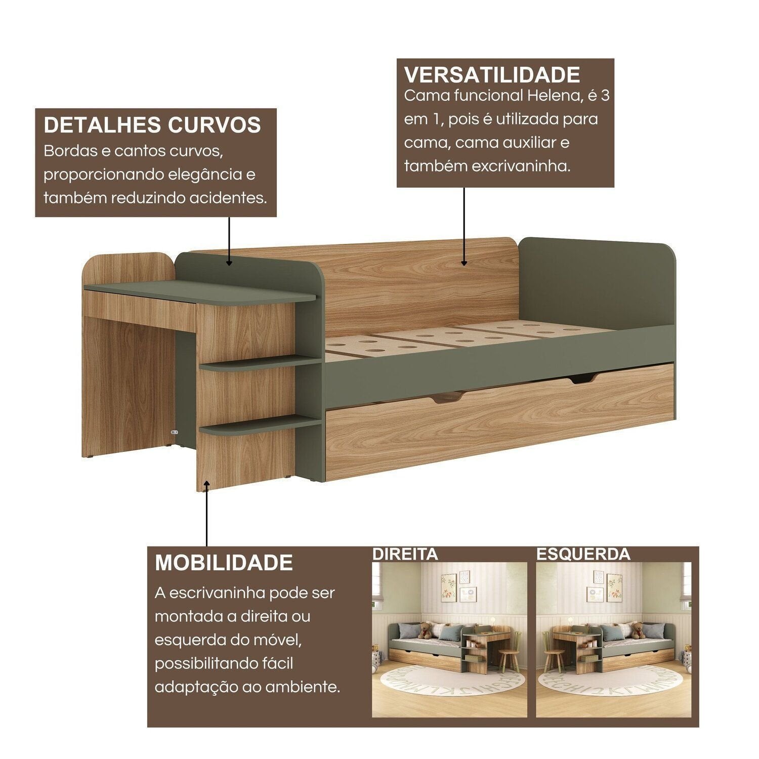 Quarto Infantil Completo com Cama de Solteiro 3 em 1 e Cômoda 10 Gavetas em MDF Premium Helena e Alice FD
