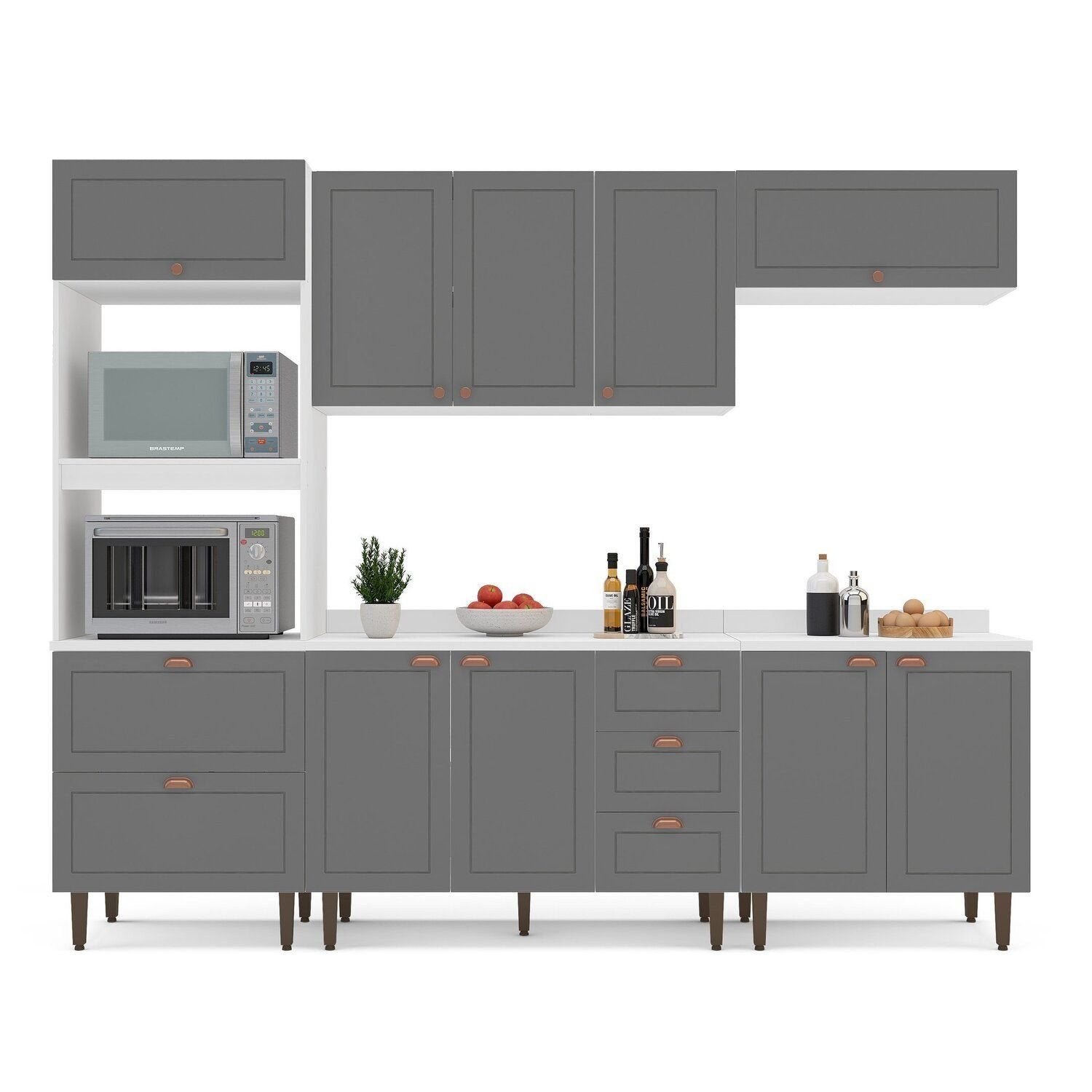 Cozinha Completa Pérola Yescasa 5 Peças Torre Quente Aéreo 3 Portas Balcão 2 Gavetas Basculante Cinza/Branco 270,2x219,4x52cm