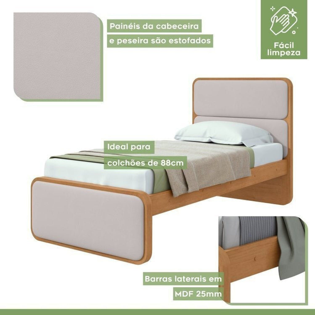 Kit Quarto Infantil com Cama Solteiro Corino e Cômoda 8 Gavetas Loop Móveis Lopas Bege Amêndoa Clean/Off White