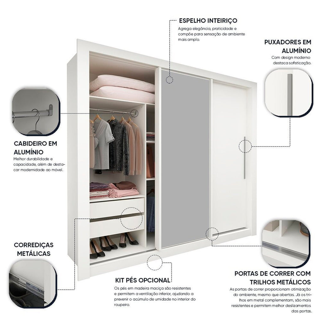 Guarda-Roupa Casal 3 Portas 1 Porta Espelhada Milão Yescasa 100% MDF Branco