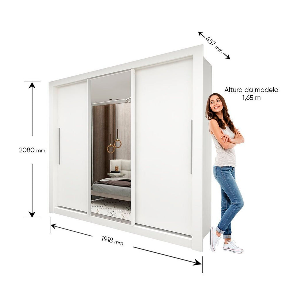 Guarda-Roupa Casal 3 Portas 1 Porta Espelhada Milão 100% MDF Yescasa Branco