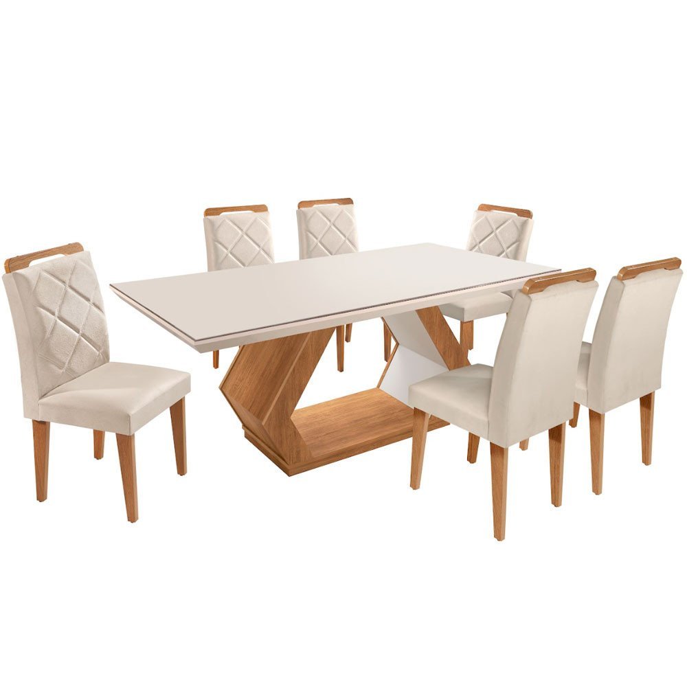 Conjunto Mesa de Jantar Alvorada 180 cm com 6 Cadeiras Melissa MDF Vidro Rufato
