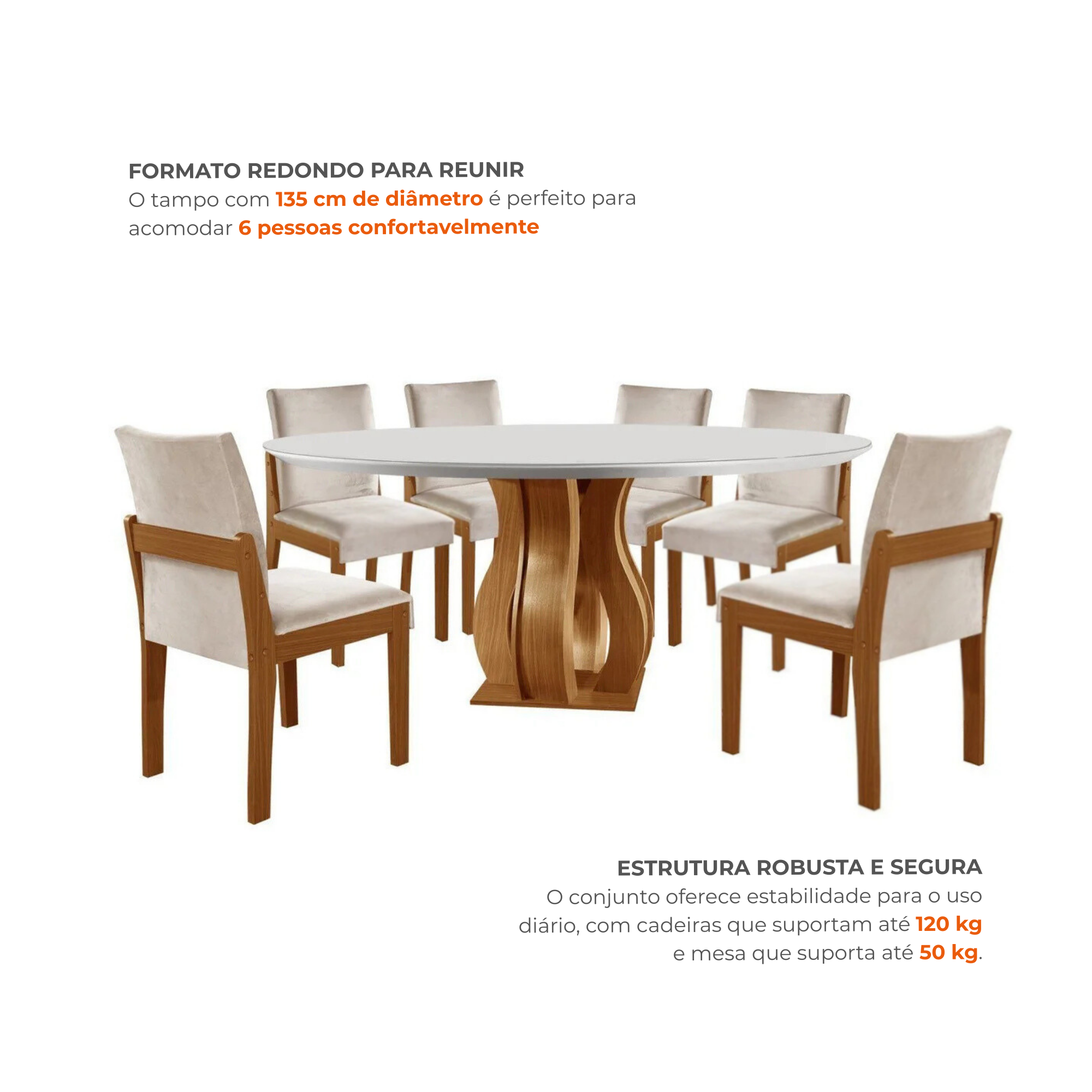 Conjunto Sala de Jantar Mesa Redonda com 6 Cadeiras Mônaco Nuance Yescasa Cinamomo/Creme/Off White