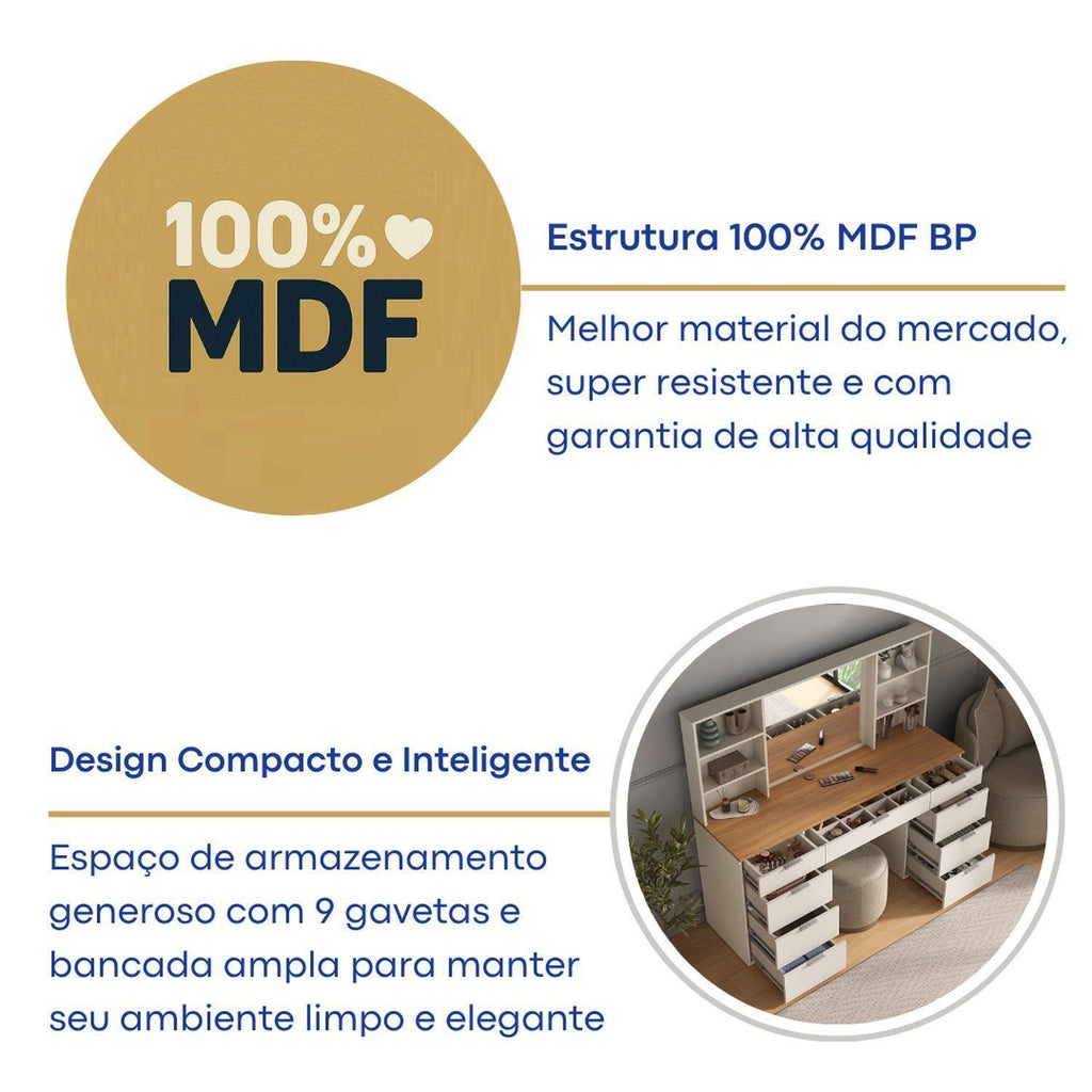 Penteadeira MDF 9 Gavetas com Espelho e LED Foscarini 8402 Bege/Argila/Carvalho Hanover