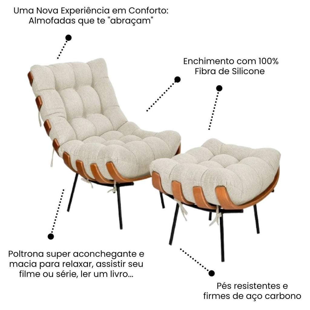 Poltrona Costela de Adão com Puff Linho Bege Claro Via212